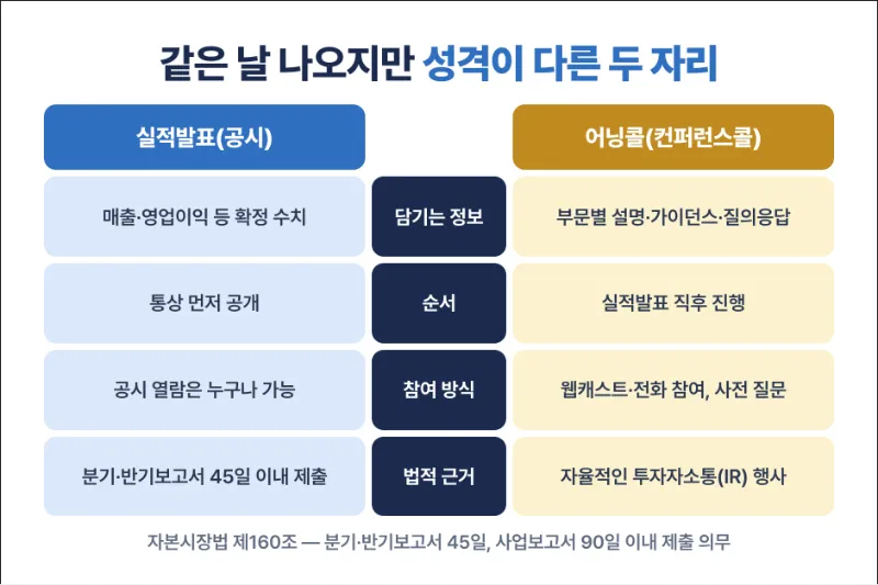 어닝콜 실적발표 차이 대조표